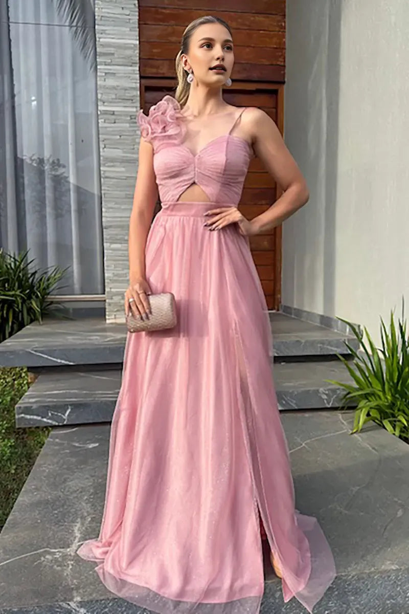 Weitese Dress Ruffled Cutout A-Line Shimmery Gowns Slip Maxi Dresses Pink Prom Dress